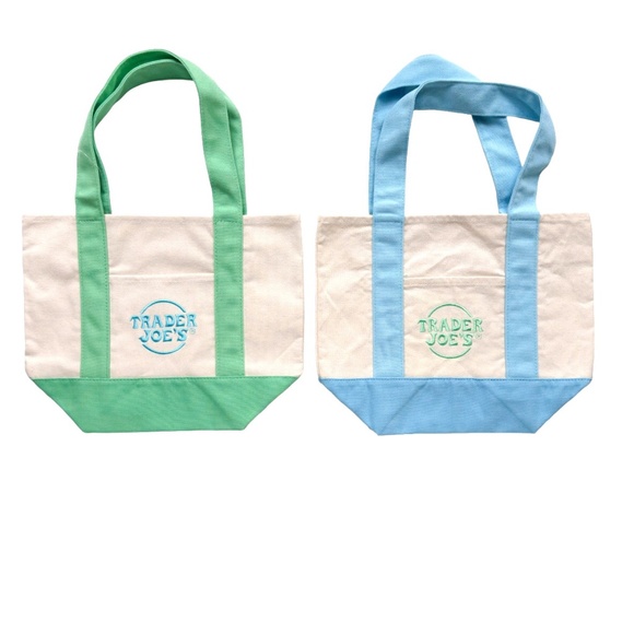 2 Trader Joe's Mini Tote Bags Pastel Blue and Pastel Green - Sold as Pair NWT - Picture 1 of 7